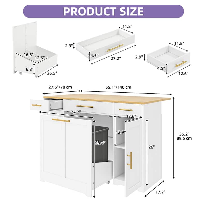Moasis 55 inch Rolling Kitchen Island with Drop Leaf and Pull Out Garbage Bin Cabinet fits