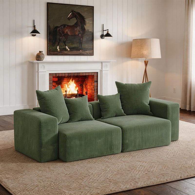 Corduroy Upholstered Modular Sectional Sofa with Ottoman - Green-2 piece - Symmetrical