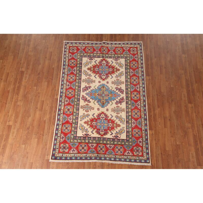 Beige Traditional Kazak Area Rug Hand-Knotted Wool Carpet - 4'10" x 7'3"