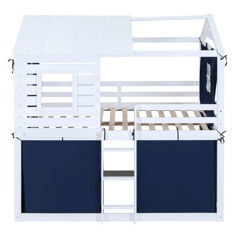 Full Size Solid Wood House Bunk Bed with Tent, Ladder and Fence for Kids, Bedroom