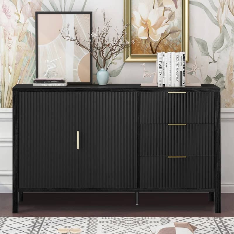 Modern Fluted 2-Door Sideboard with 3 Storage Drawers and Adjustable Hooks for Living Room,Entryway,Hallway - Black