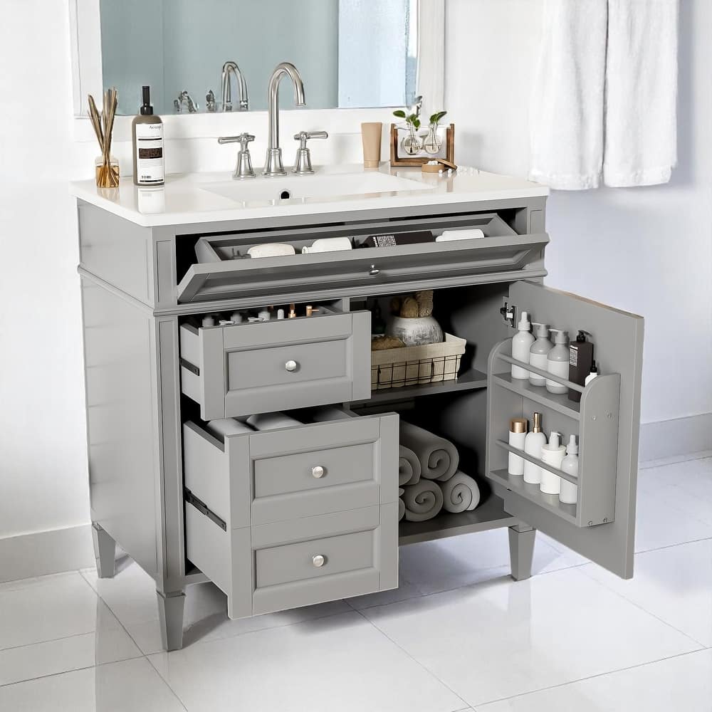 36 Inch Bathroom Vanity with Sink Top, Freestanding Storage Cabinet with 3 Drawers and Single Door, Modern Style
