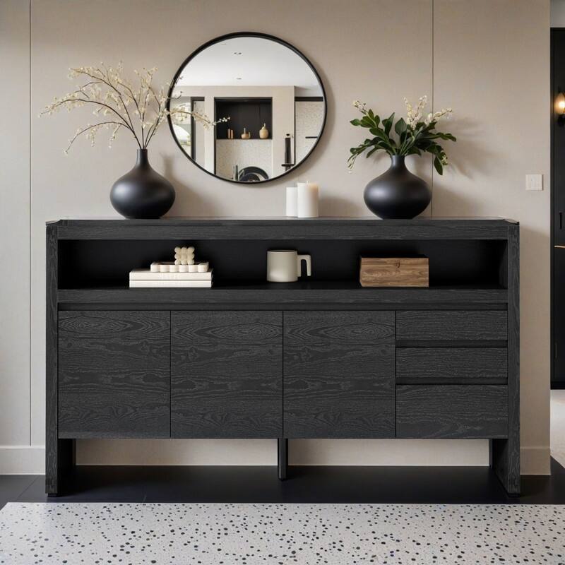 60" 3-Door Sideboard with 3 Drawers - Modern Solid Ash Veneer MDF Sideboard, Semi-Open Shelf & Center Semi-Circular Cutout