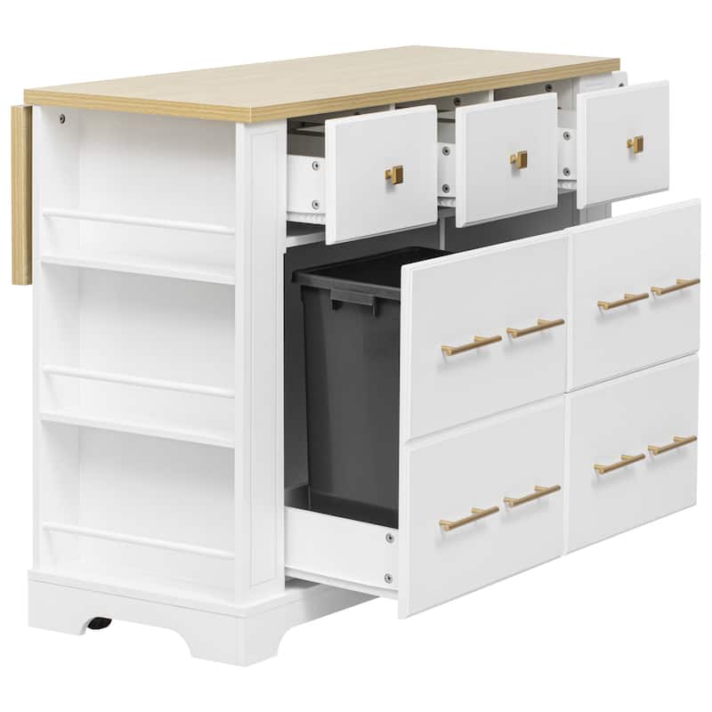 Kitchen Island with 6 Drawers, Pull Out Trash Can Storage, with Drop Leaf, Power Outlet, 5 Open Side Racks