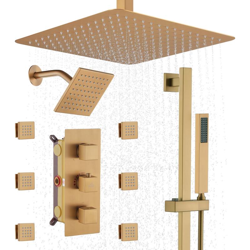 CASAINC Dual Heads High Pressure 16 Inch 4 Function Shower Head Shower System with Sliding Rod Handheld Shower and 6 Body Jet