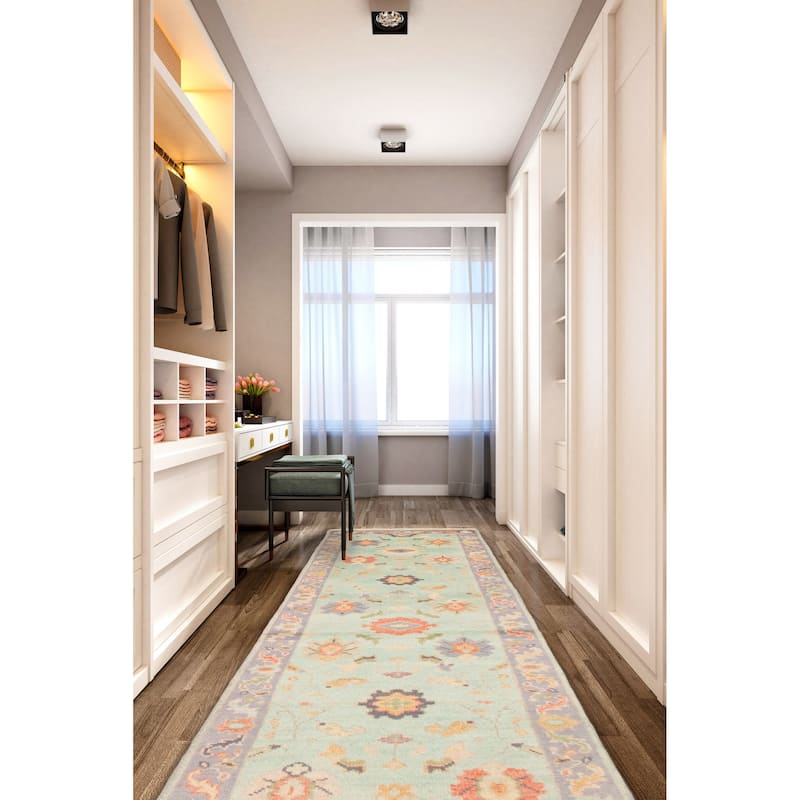 ECARPETGALLERY Hand-knotted Modern Oushak Cyan Wool Rug - 2'6 x 10'2