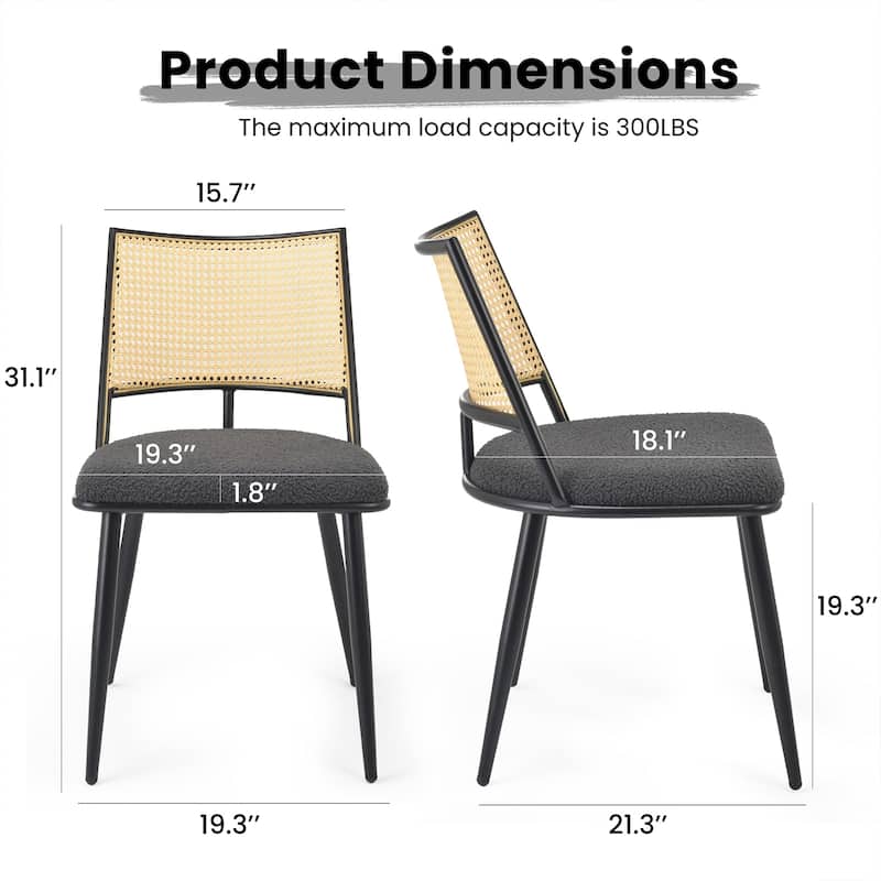 Dining Chairs Set of 2, Mid-Century Modern Kitchen Chairs with Rattan Backrest & Metal Frame, Boucle Upholstered Accent Chairs