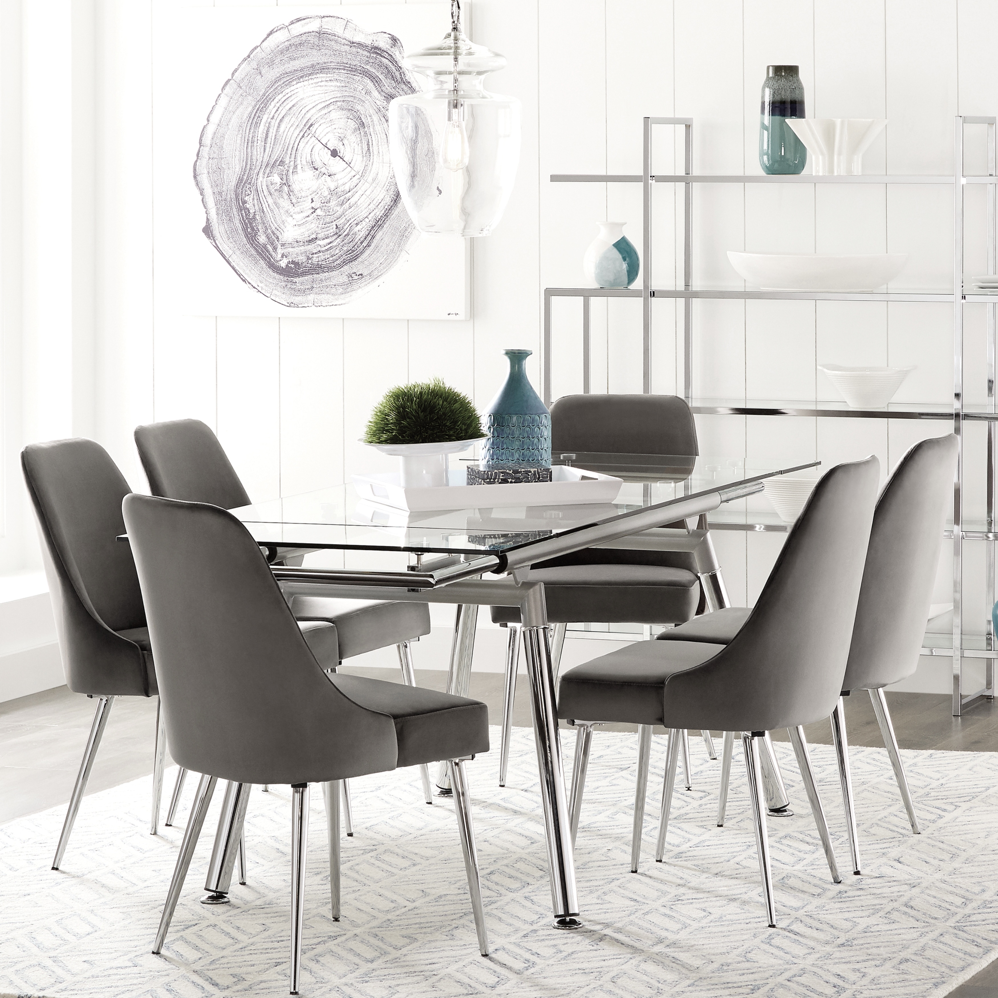 Modern Expandable Glass Top Table with Grey Velvet Chairs Dining