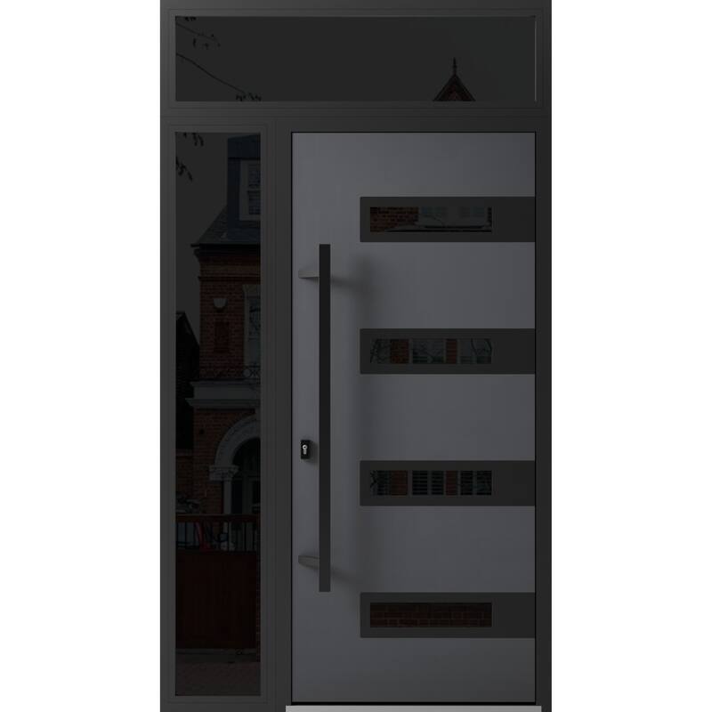 Front Prehung Steel Door Ronex 1055 Teak 2 Side and Top Window Sidelite W16+36+16xH80+16 Lh I - Grey - 50 x 96