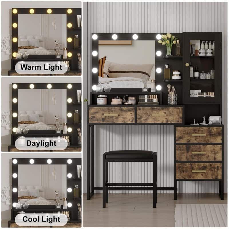 Vanity Desk with Mirror & LED Lights, Charging Station, 5 Drawers, Shelves & Stool