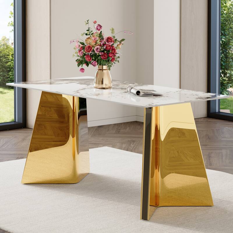 Roomfitters Pandora Sintered Stone Dining Table with Gold Stainless Butterfly Legs for Dining Room
