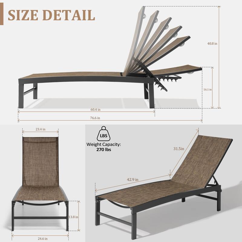 VredHom Outdoor Aluminum Adjustable Chaise Lounge Chairs (Set of 2) - 60.4 in L * 24.6 in W * 16.1/40.8 in H