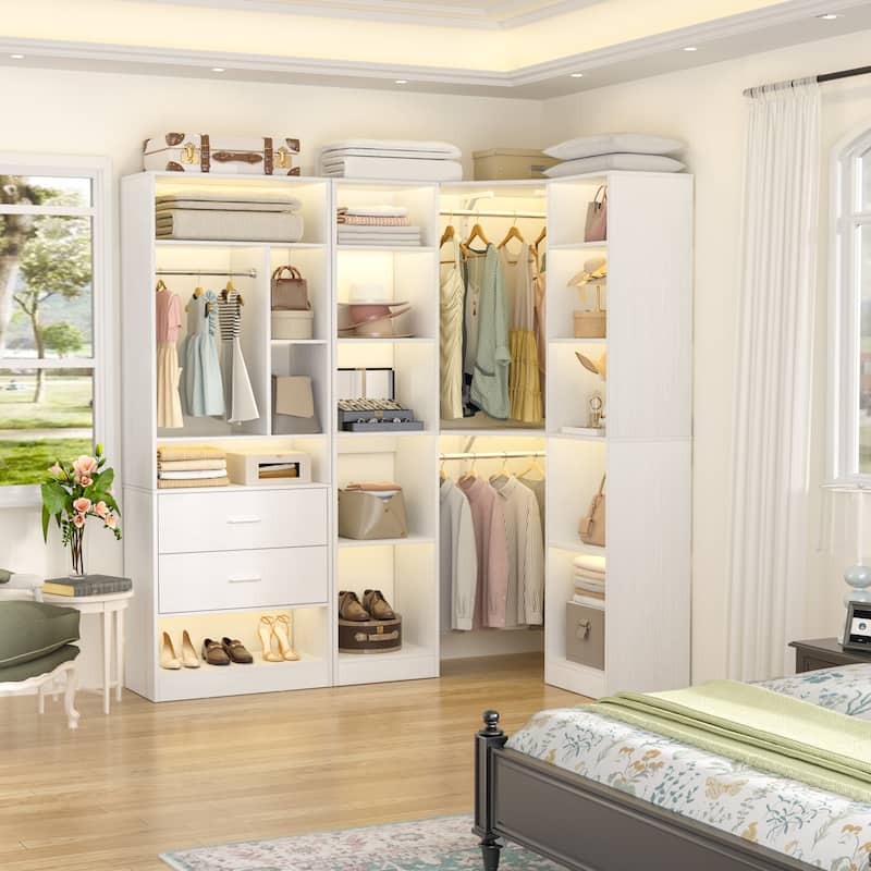 Rackcog 63.2'' W Corner Closet System with 2 Wooden Drawers and 3 Hanging Rods, Walk-in Closet Organizer with 12 Storage Shelves - White