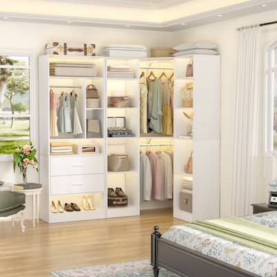 Rackcog 63.2'' W Corner Closet System with 2 Wooden Drawers and 3 Hanging Rods, Walk-in Closet Organizer with 12 Storage Shelves