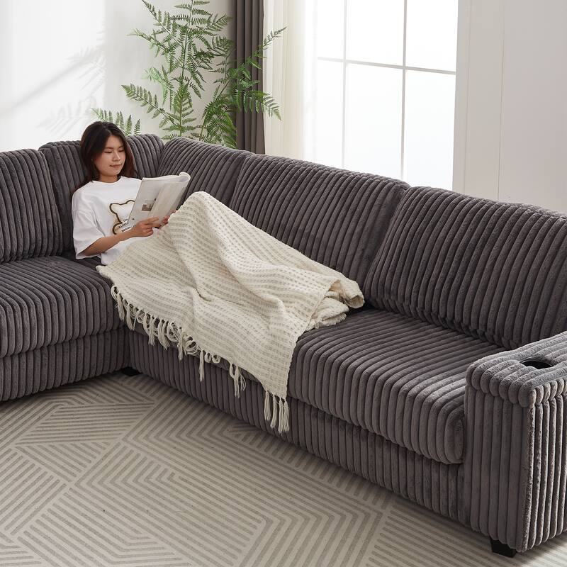 Dark Grey 110" Oversized Corduroy L-Shaped Corner Sectional Sofa with Storage Armrest, Cup Holder, USB & Type-C Ports