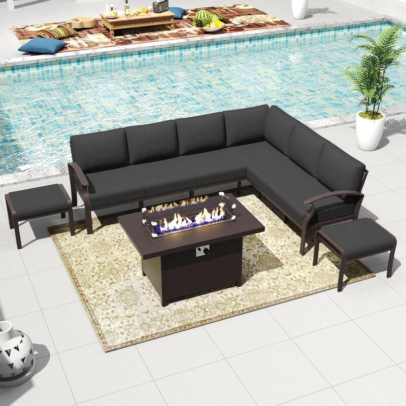 Kullavik Aluminum Corner Sofa Set, Patio Outdoor Sectional Sofa Set with Armrests and Footrests - 8 Seats/Fire Pit - Black