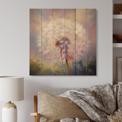 Designart "Purple Dandelion Romantic Impression II" Landscapes Print on Natural Pine Wood