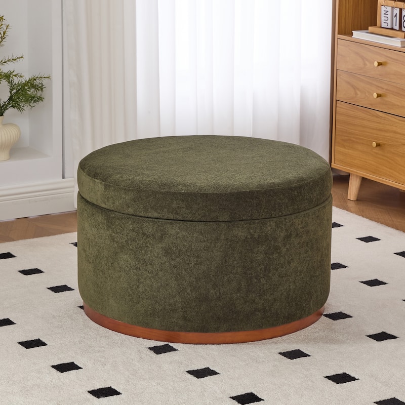 Christopher Knight Home - Rowan Modern Round Upholstered Storage Ottoman with Wood Base - Brown,Olive Green