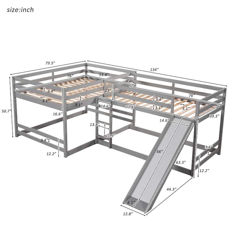L Shaped Bunk Bed Frame with Slide and Short Ladder, Full and Twin Size Solid Pinewood Floor Bunk Bed, Wood Slats Support