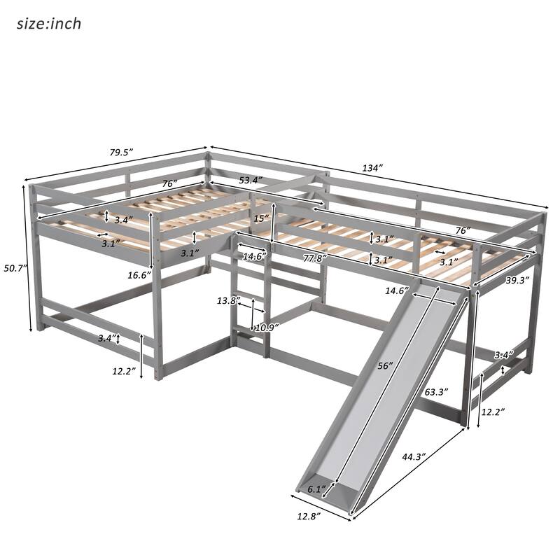 L-Shaped Full and Twin Bunk Bed with Slide, Durable Pine Frame, White