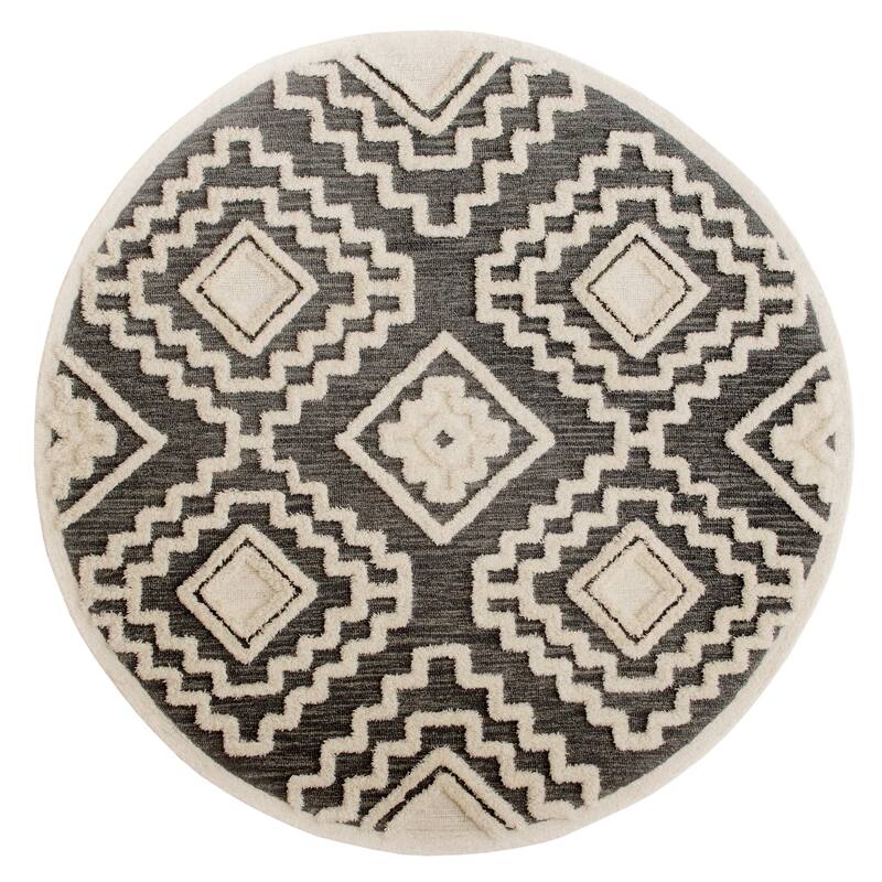Suino Cream/Grey Geometric Hand-Tufted Wool Casual Indoor Area Rug by Sevita - 6' Round