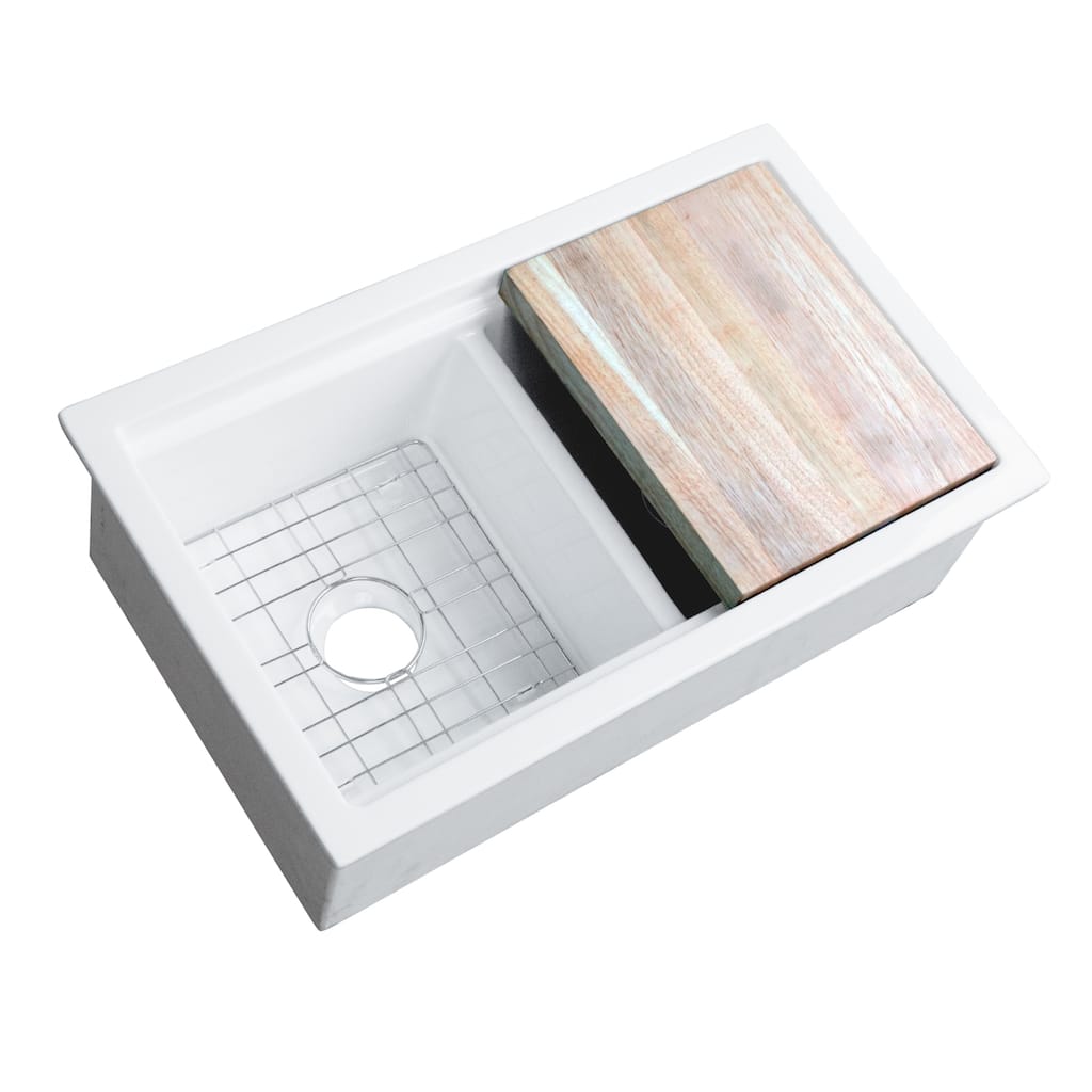 Eden Crisp White Fireclay 32" Double Bowl Undermount Workstation Kitchen Sink