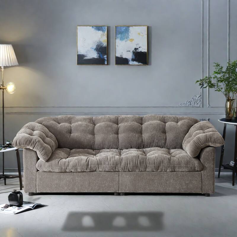 99.2" Fabric Modern Classic 3-Seater Sofa, Solid Wood Frame & Plush Cloud Cushioning - Grey