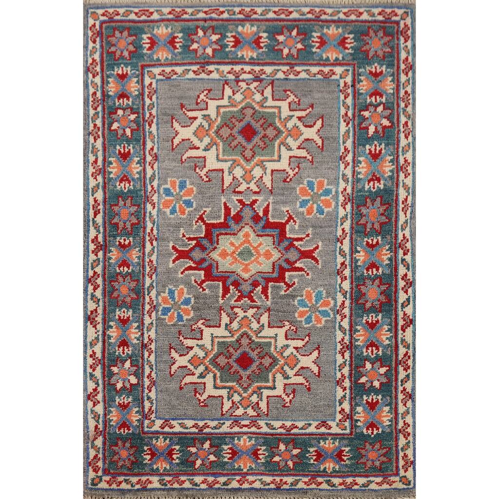Hand Knotted Oriental 100% Wool Carpet Traditional Geometric Greys & Charcoal Kazak Area Rug - 2' 10'' X 1' 11''