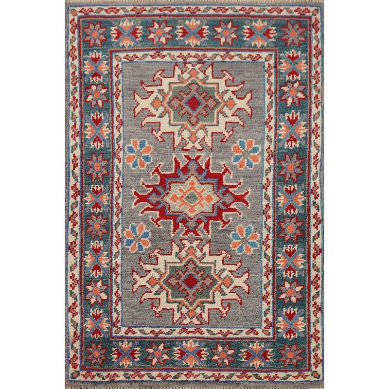 Hand Knotted Oriental 100% Wool Carpet Traditional Geometric Greys & Charcoal Kazak Area Rug - 2' 10'' X 1' 11''