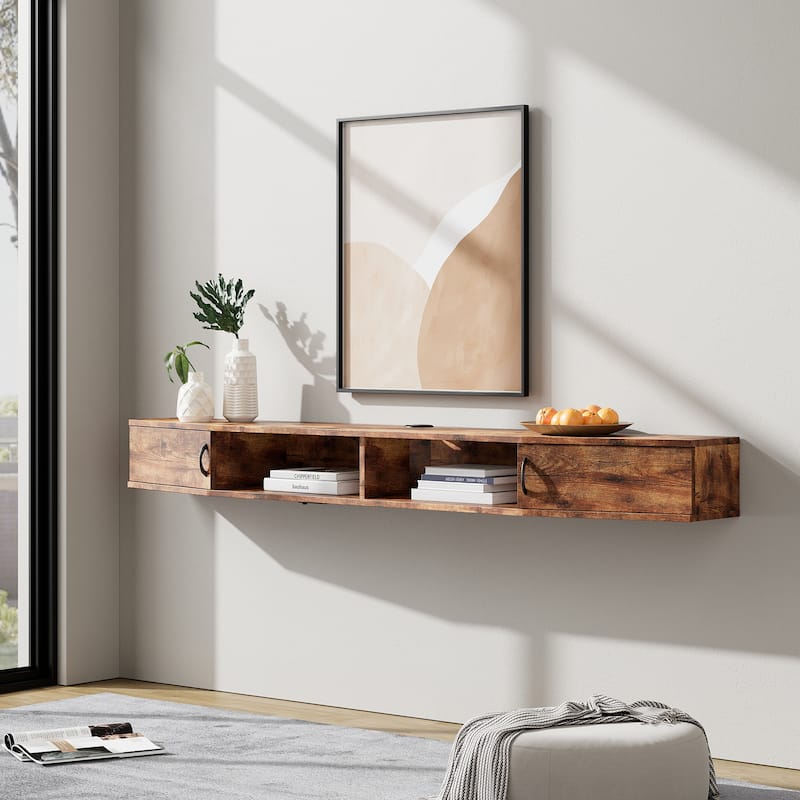 Floating TV Stand Wall Mounted TV Shelf with 2 Door,Brown - Big with Charging Station