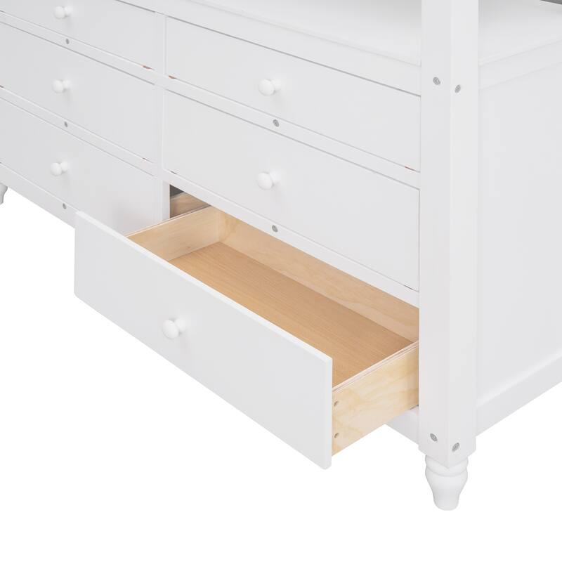 Full size Loft Bed with Drawers and Desk, Wooden Loft Bed with Shelves