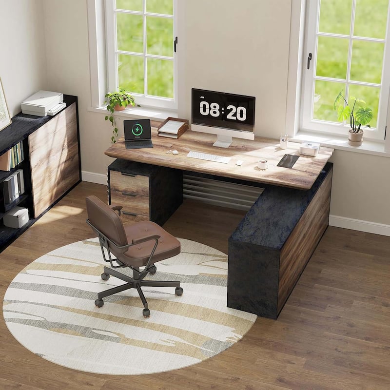 Adjustable Height Executive L Shaped Standing Desk w/ Cable Box Drawers Cabinets