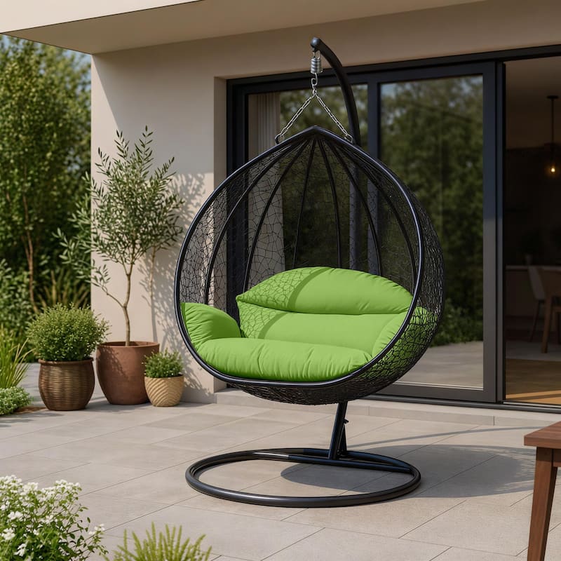 2-Person Outdoor Hanging Egg Chair with Teardrop Frame, Weather-Resistant Cotton Cushioned Seat for Patio and Indoor Use