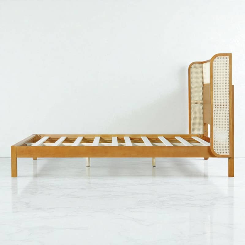 Queen/King Rubber Wood Platform Bed Frame with Headboard, Mid-Century Modern Solid Wood Bed in Natural Finish