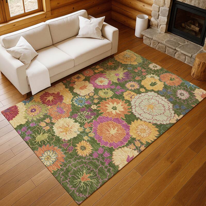 Machine Washable Indoor/ Outdoor Modern Floral Chantille Rug