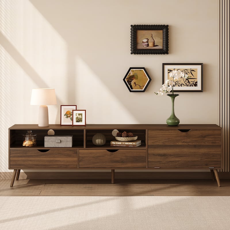 Mid Century Media Console for TVs up to 80", TV Stand with 2 Drawers & Drop-Down Door Storage Cabinet