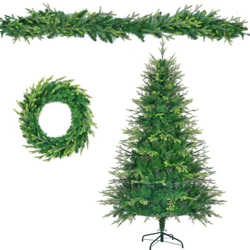 6FT Pre-Lit Christmas Tree with Garland & Wreath Set, LED Multi-Color & Warm Lights, Green and White Tips