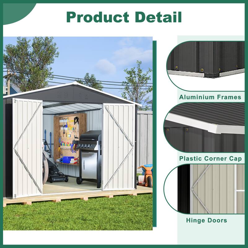 GDFStudio - Cassandra Large 10 x 10 FT Outdoor Metal Storage Shed with Lockable Doors
