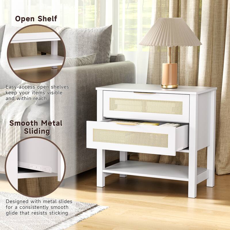Rattan Nightstand with 2 Drawers and Storage Shelf Boho Bedside Narrow Side Table for Bedroom