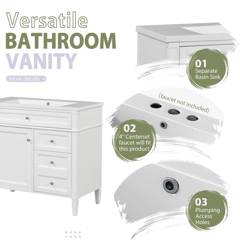 Freestanding Bathroom Vanity & Wall Mounted Mirror Cabinet Set with Resin Sink, Open Shelves, Drawers and Adjustable Shelves