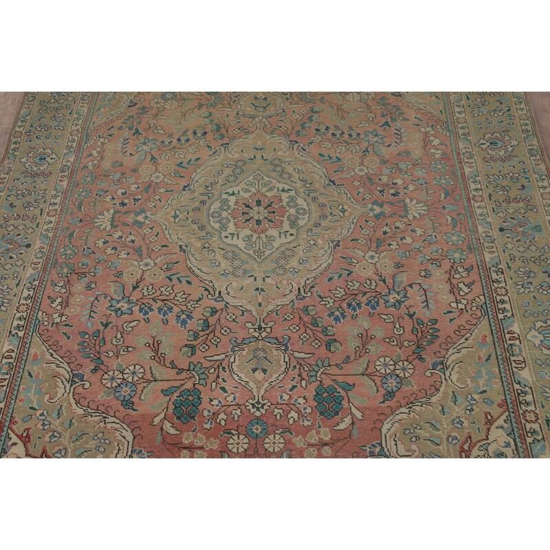 Hand Knotted Oriental 100% Wool Carpet Traditional Floral Pink Tabriz Area Rug - 9' 2'' X 6' 6''