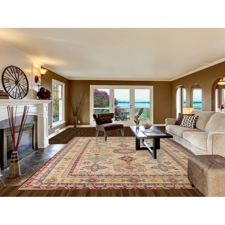 Geometric Kazak Rug Hand-Knotted Oriental Wool Carpet - 9'9"x 13'5"