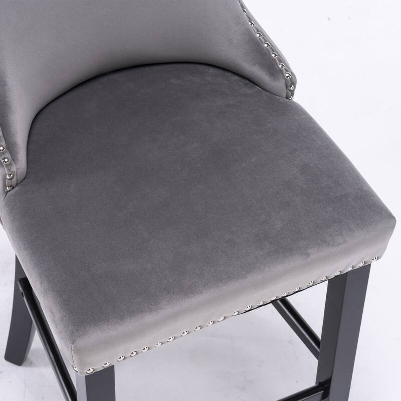 Velvet Wingback Bar Stools Set of 2, Button Tufted Dining Chairs with Footrest, Upholstered Counter Stools with Wooden Legs