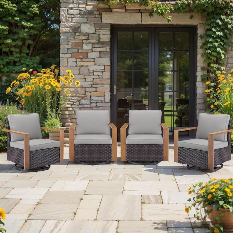 Pocassy 4 Pieces Outoor Swivel Chairs Glider Chair Set - Gray cushion - Brown Wicker