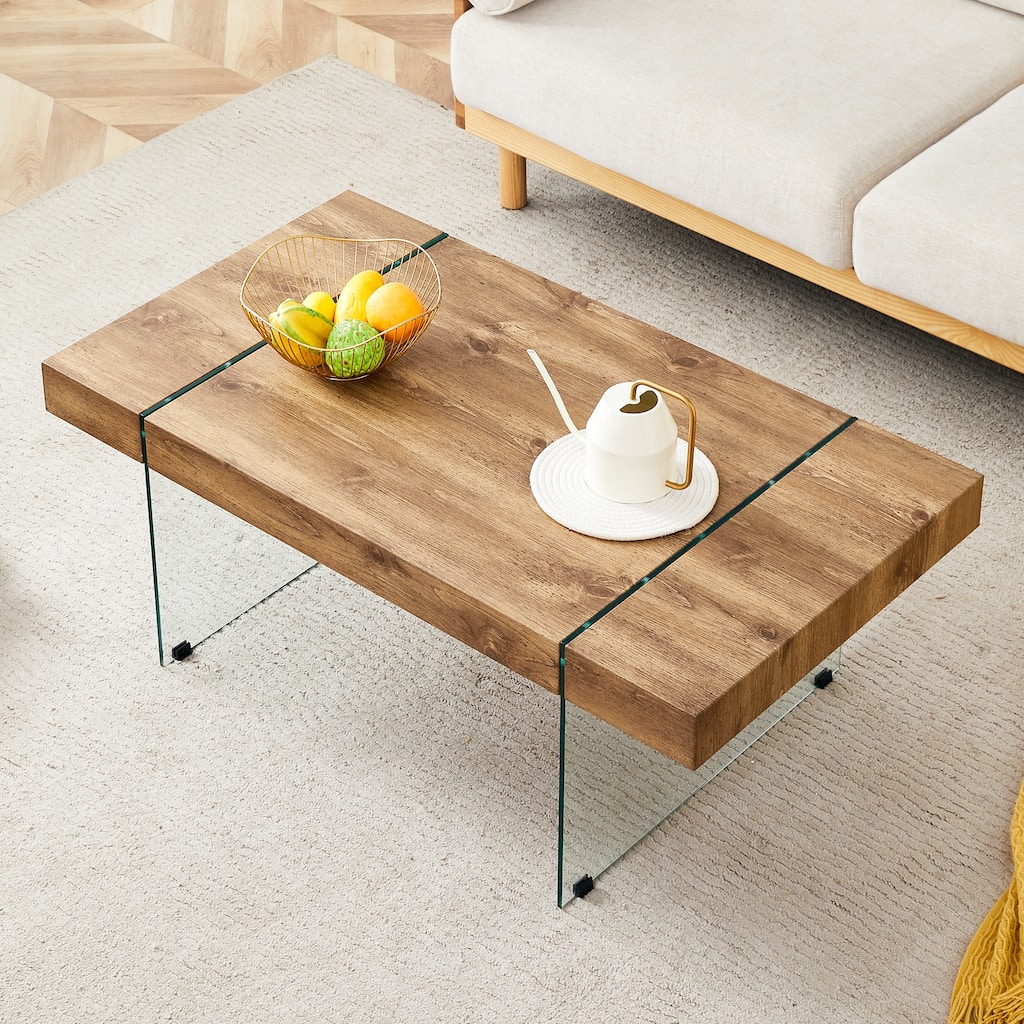 Rectangular Coffee Table with Tempered Glass Legs Wood Side Tables Wood Center Tables for Living Room Reception Room