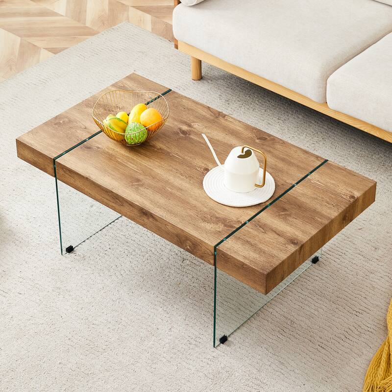 Roomfitters White Marble MDF Coffee Table with Tempered Glass Legs, Side or Display Table for Modern Living Room - Natural