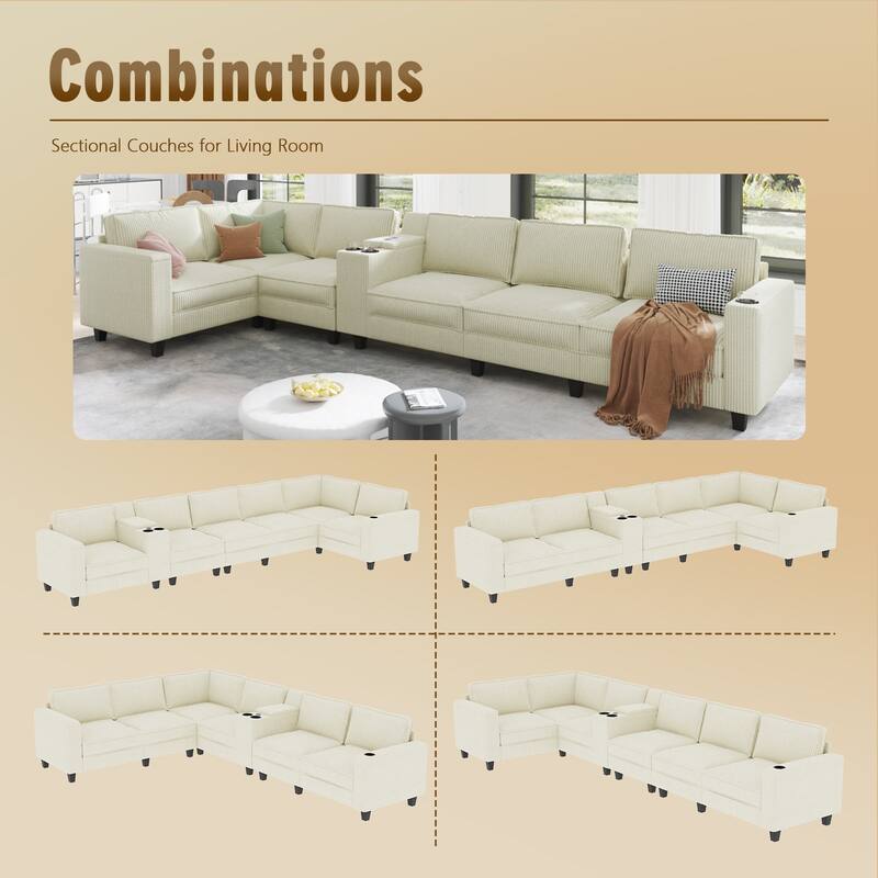 133" L-Shaped 6-Seater Corduroy Sectional - Storage Armrests with USB Charging & Reversible Design