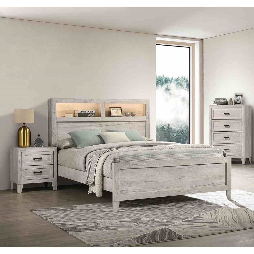 Antique White Finish Modern 3pc Headboard Shelves LED Bedroom Furniture Set