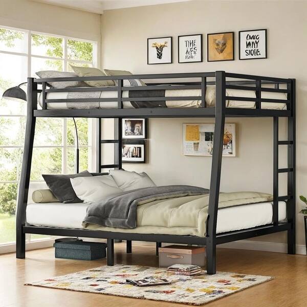 slide 2 of 13, 2 Side Ladder Metal Bunk Bed with Under Bed Storage, TwinXL/FullXL over Queen Queen