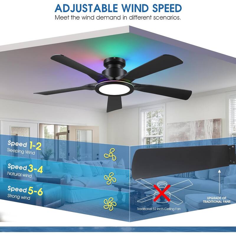 52 Inches RGB Flush Mount Ceiling Fan with Light,Reversible DC Motor for Bedroom Living Room Patio